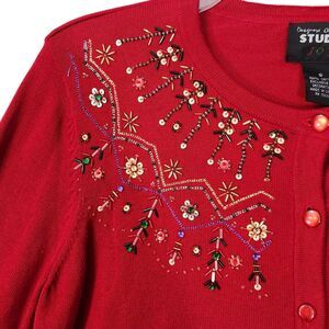 VTG 9Os CHRISTMAS SWEATER CARDIGAN RED BUTTON UP BEADED FANCY 100% COTTON SMALL